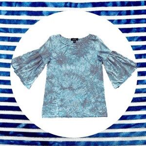 Karen Kane Striped Tie Dye Bell 1/2 Sleeve Blue & White Boho Rayon Blend Top